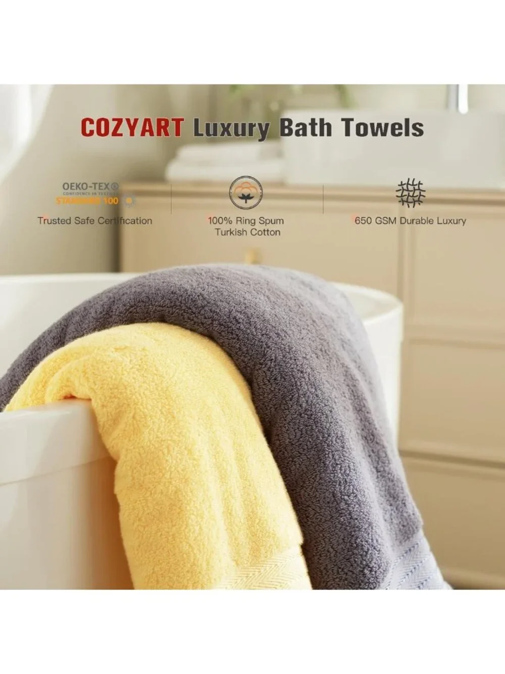 Soft Turkish Cotton Bath Towels Set, 4 PCS, 27x54, 650 GSM, Grey & Yellow